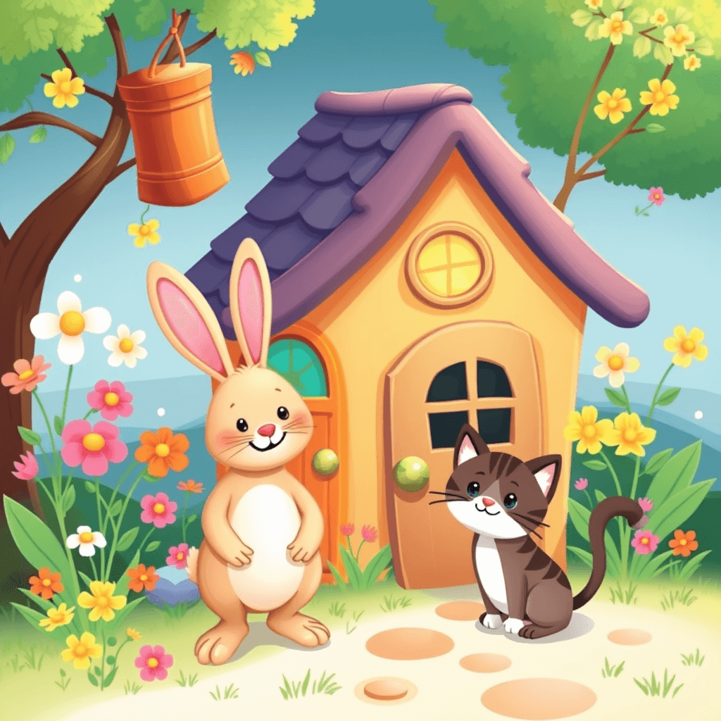 storybook style ai generated image llustration rabbit kitten house