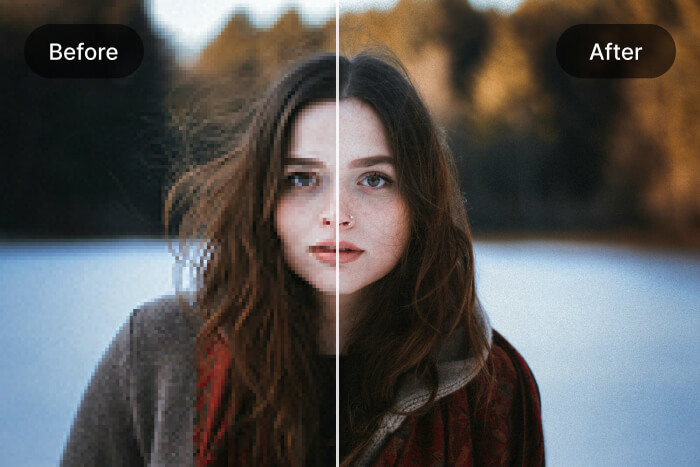 Girl portrait before and after comparison of ai upscaling by zoviz's image enhancer