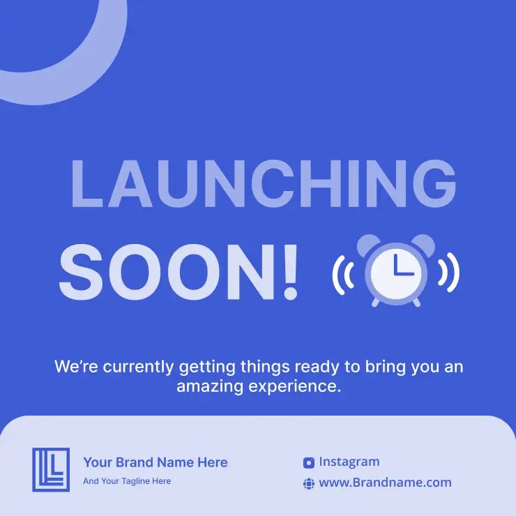 Blue launching soon card design template with clock icon made using an card creator