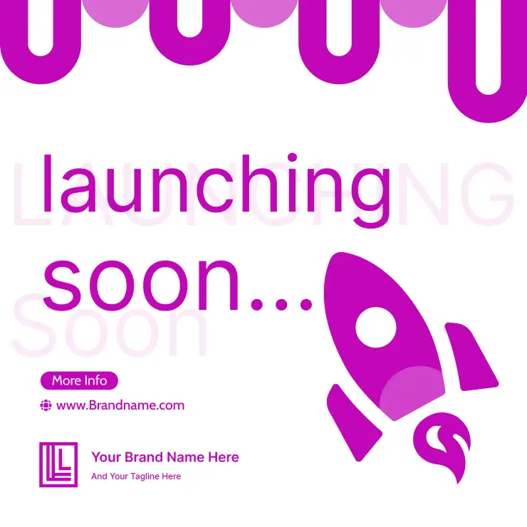 Pink launching soon card template with rocket icon created using a card maker online