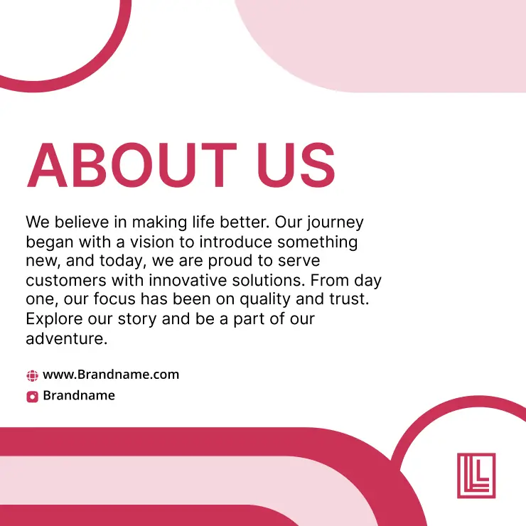Minimal about us card design with circular pink elements created using an online card generator