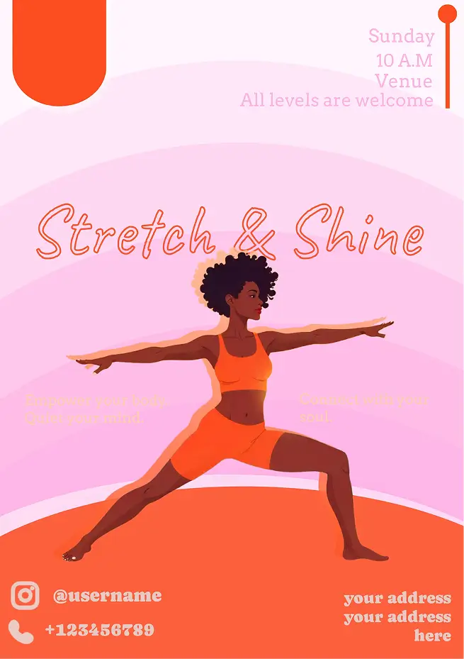 stretch & shine yoga flyer template promoting fitness and wellness class.