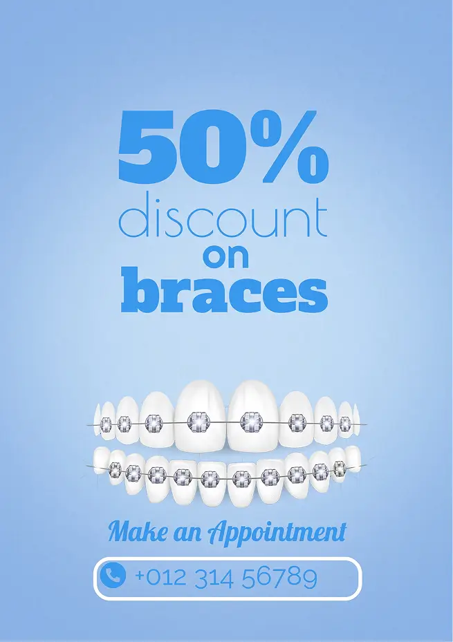 Dental flyer template promoting 50% discount on braces