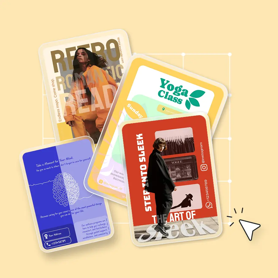 Collection of flyer templates including fashion, yoga, wellness, and event designs