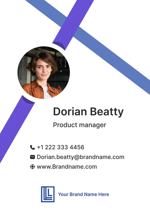 Blue and white employee ID card template with angled stripe design, created using Zoviz’s online ID card generator