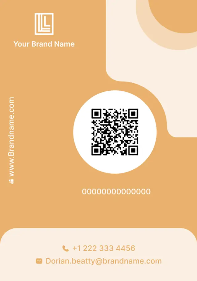 Corporate-style orange ID card template showing a QR code and contact details, designed via a free ID card generator