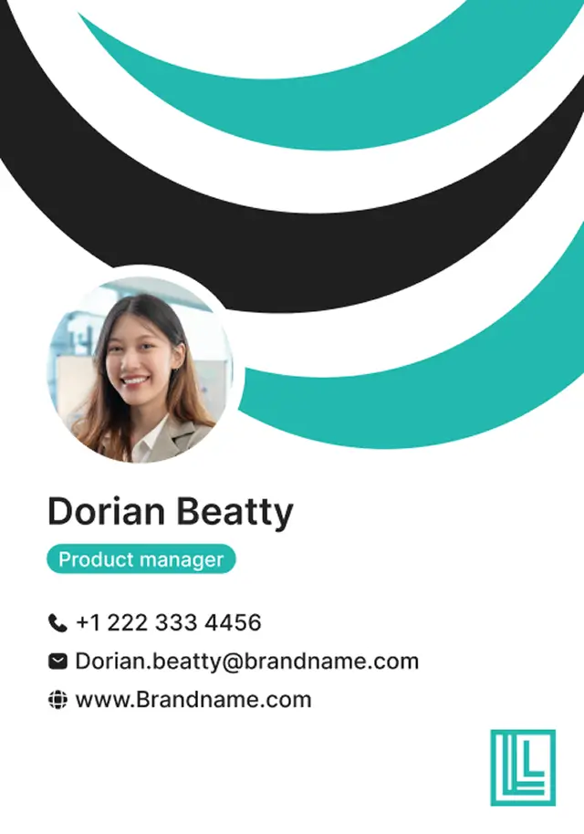 Modern teal wave pattern ID card design showing photo, job title, and contact details built on Zoviz’s ID card creator tool