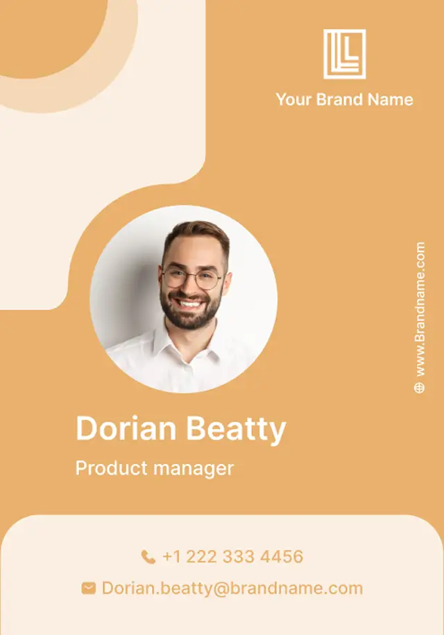 Orange business ID card sample featuring a profile image, name, and contact info, created with an ID card creator software