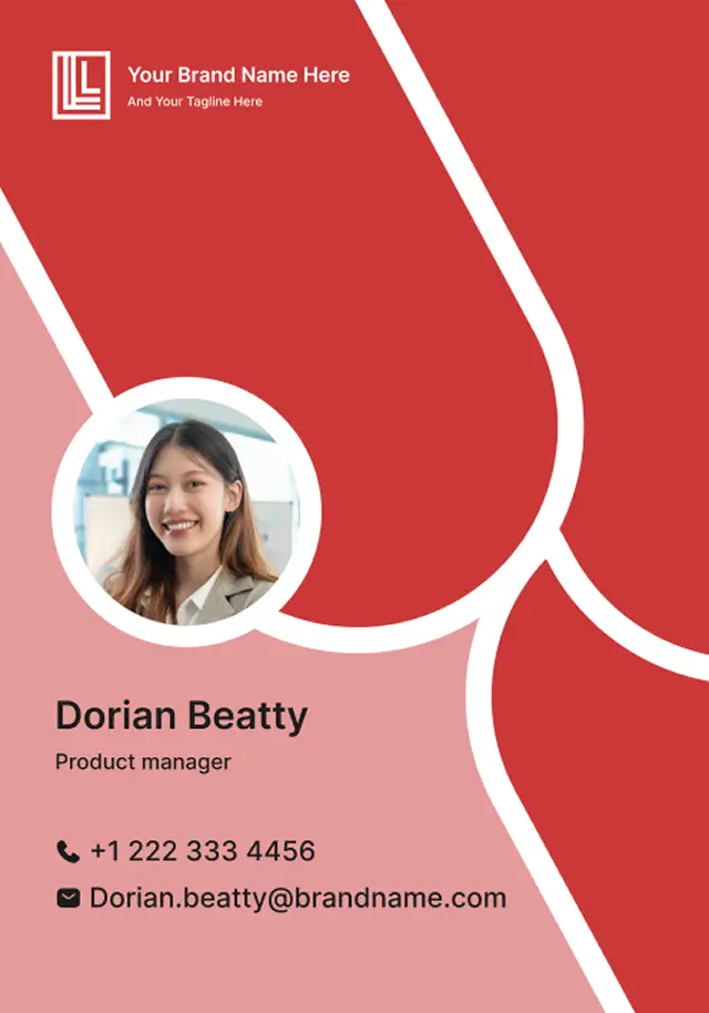 Front side of a red employee ID card with profile photo and contact info, made using a printable ID card design template on Zoviz