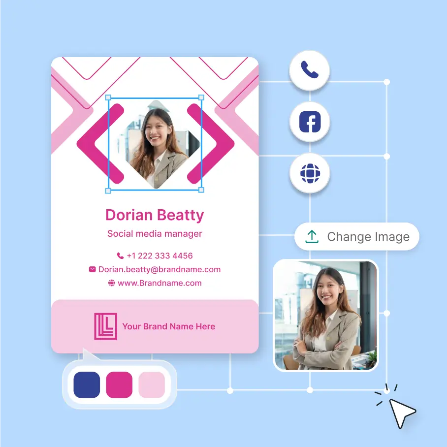 Step two in the online ID card creator process showing design customization and editing contact details
