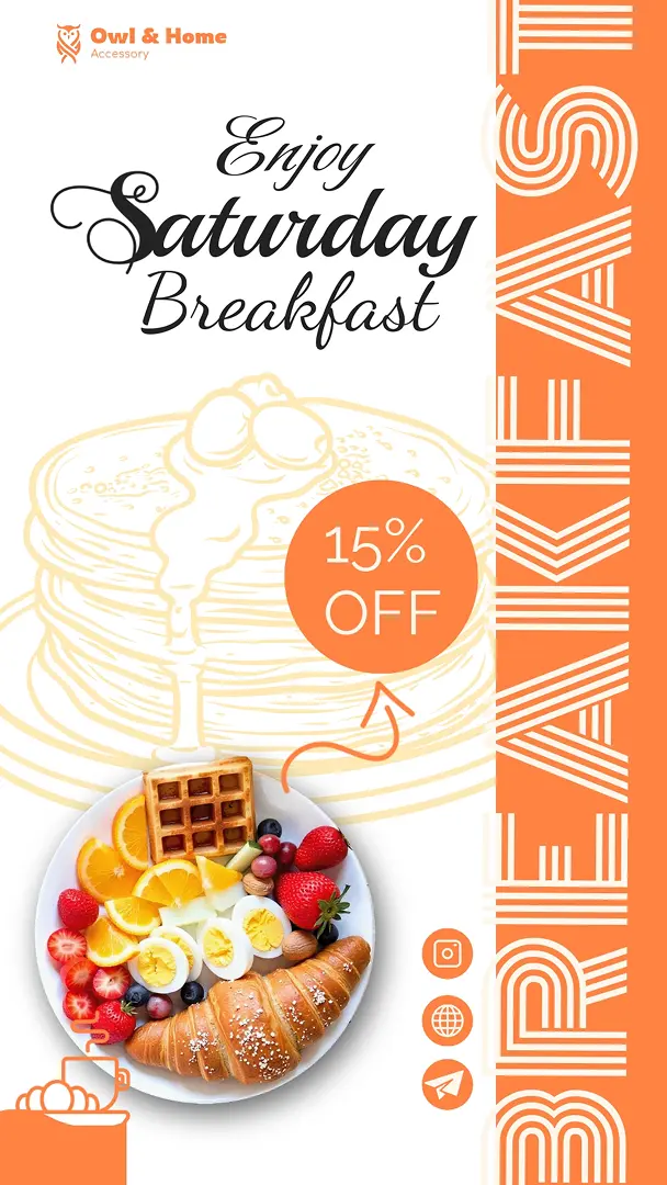 Orange Instagram Story breakfast promo with pancakes and fruit