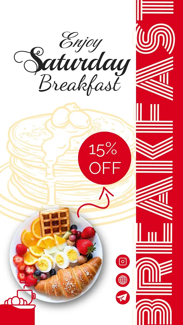 Red Instagram Story breakfast promo with pancakes and fruit