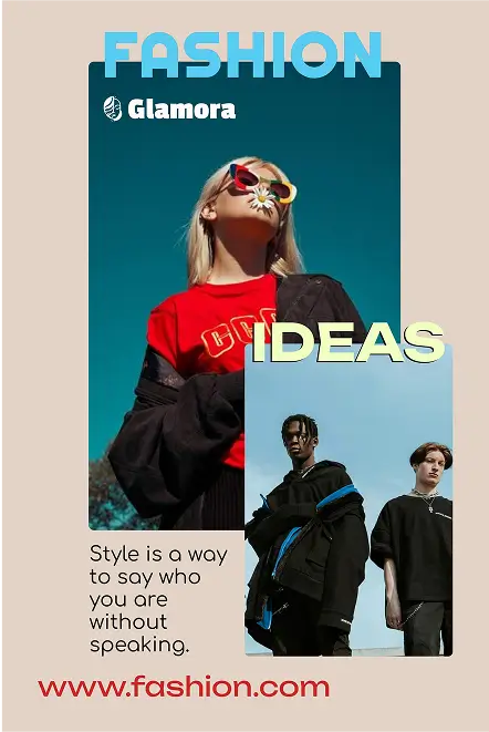 Fashion ideas poster with models in trendy outfits for Glamora clothing brand