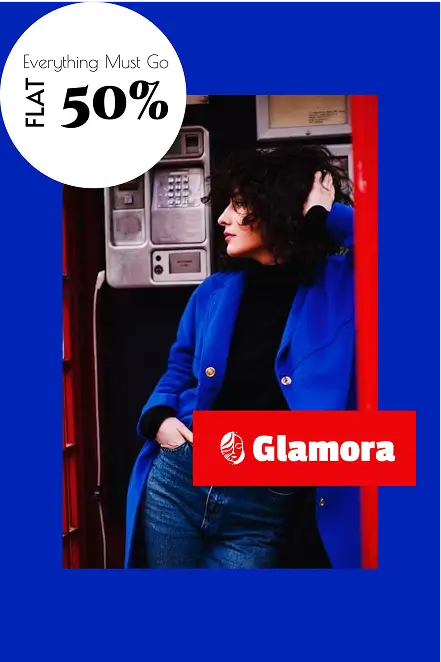 Fashion sale poster with woman in blue coat and 50% discount label