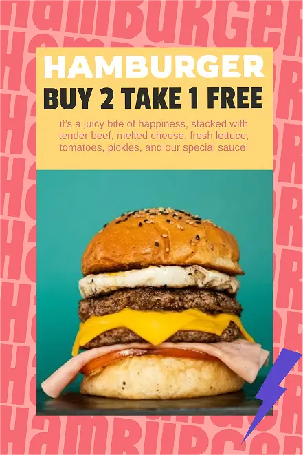 Hamburger poster design with buy 2 get 1 free food offer for restaurant promotion